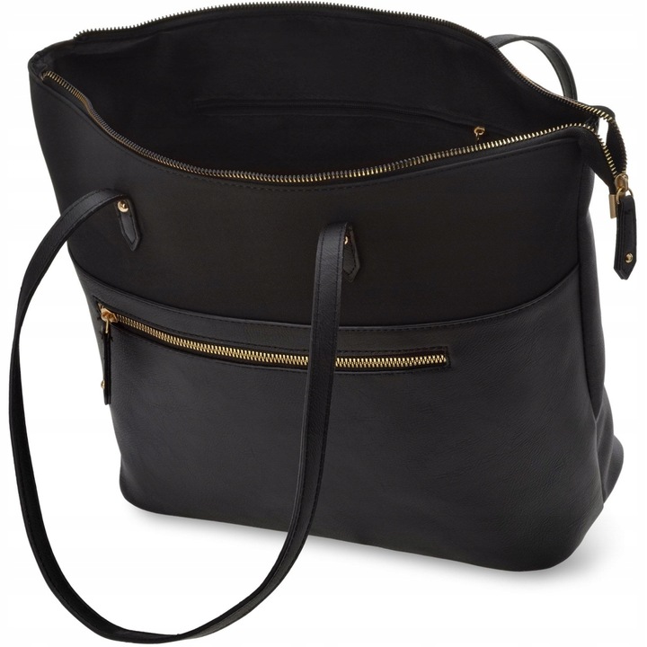 Pojemna Torebka Torba Worek Shopper Paski Damska Skórzana Czarna Ramię A4