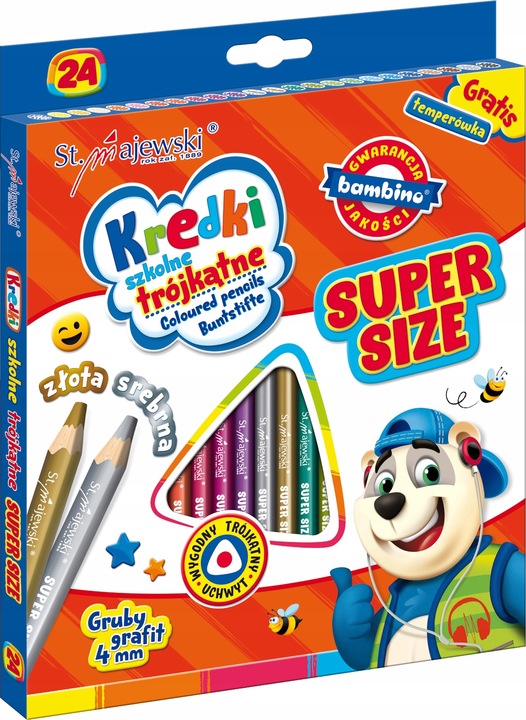 Kredki Trójkątne Szkolne Ołówkowe 24 kol. Złota Srebrna Bambino