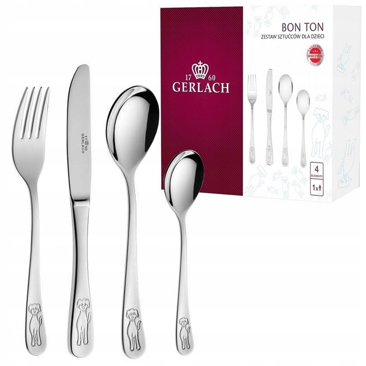 GERLACH SZTUĆCE DZIECI DZIECIĘCE KOMPLET 4EL PIESKI STAL NIERDZEWNA BON TON