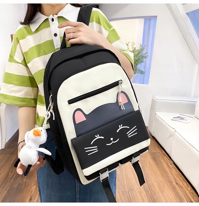 PLECAK SZKOLNY KOT KOTEK MŁODZIEŻOWY + PIÓRNIK CZARNY ZESTAW Z KOTKIEM 5w1