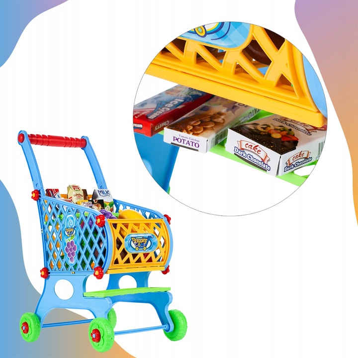 WÓZEK KOSZYK ZAKUPOWY MARKETOWY NA ZAKUPY Z PRODUKTAMI DLA DZIECI