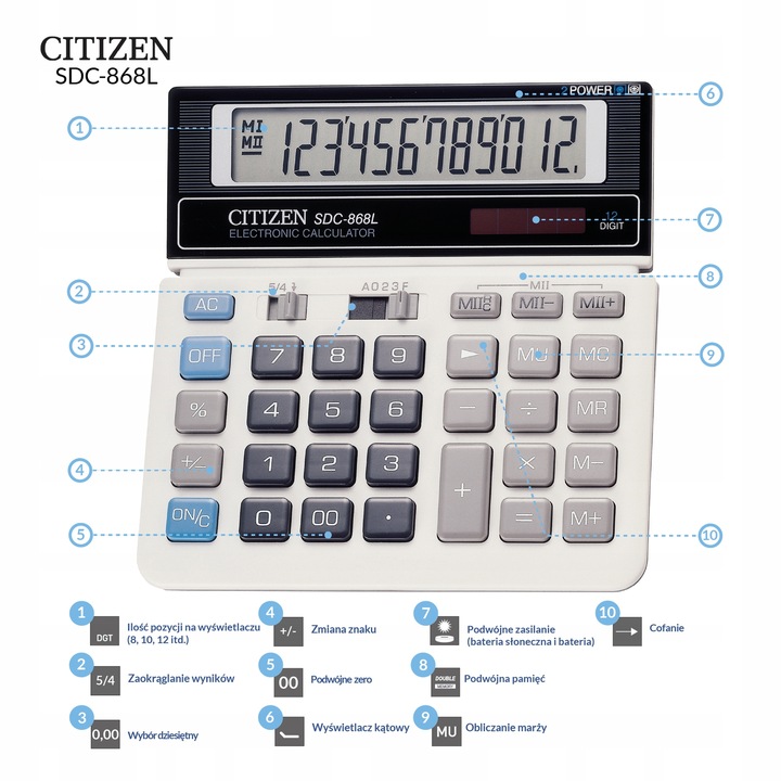 Kalkulator biurowy CITIZEN SDC-868L 12-cyfrowy