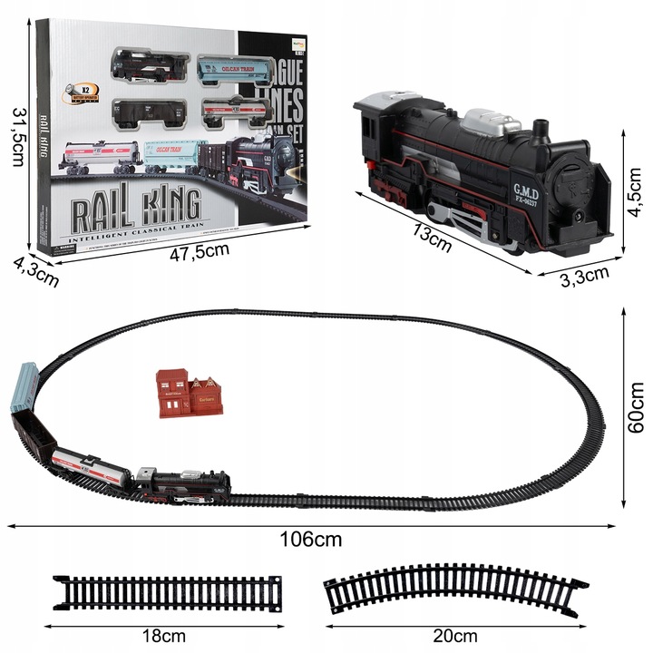 POCIĄG KOLEJKA ELEKTRYCZNA TORY LOKOMOTYWA 3 WAGONY 270CM DŁUGOŚCI STACJA