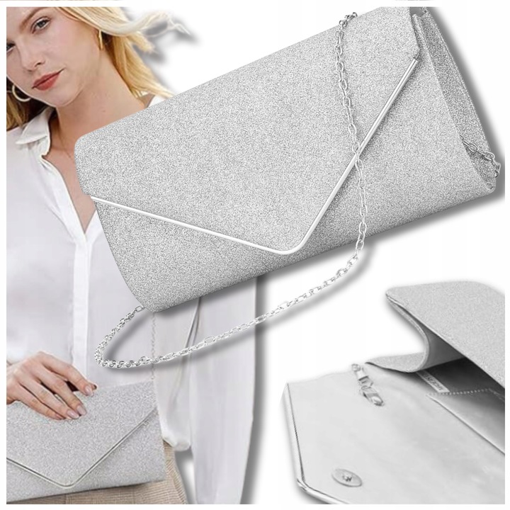 Srebrna Torebka Wieczorowa Kopertówka Wizytowa Błyszcząca Ślub Wesele bal