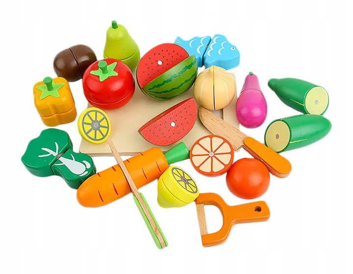 KLOCKI MAGNETYCZNE DREWNIANE OWOCE WARZYWA KLOCKI DUŻY ZESTAW MONTESSORI