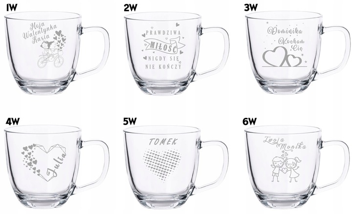 2 Duże Szklane Kubki Grawer LOGO 420ml Prezent dla pary Walentynki WZORY