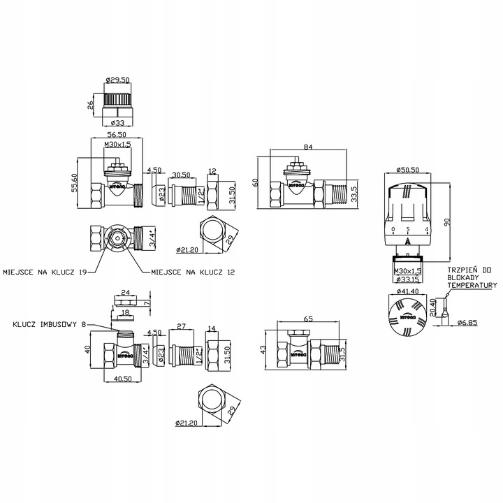 ZESTAW TERMOSTATYCZNY PROSTY Z NASTAWĄ WSTĘPNĄ ZAWÓR ZASILAJĄCY POWROTNY