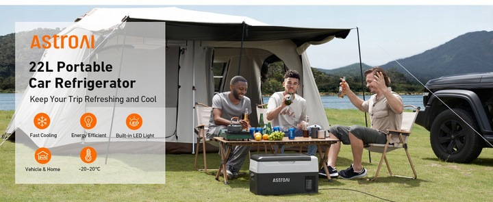 Lodówka kempingowa AstroAI z zamrażarką 22 litry, przenośna lodówka 12/24 V