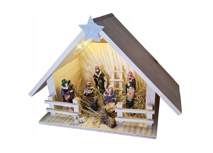 Szopka Bożonarodzeniowa drewniana z figurkami stajenka oświetlenie led