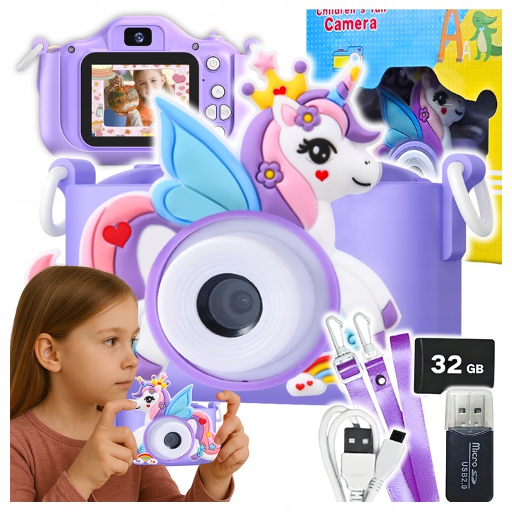 APARAT CYFROWY DLA DZIECI JEDNOROŻEC SELFIE KAMERA+KARTA 32GB MENU PL