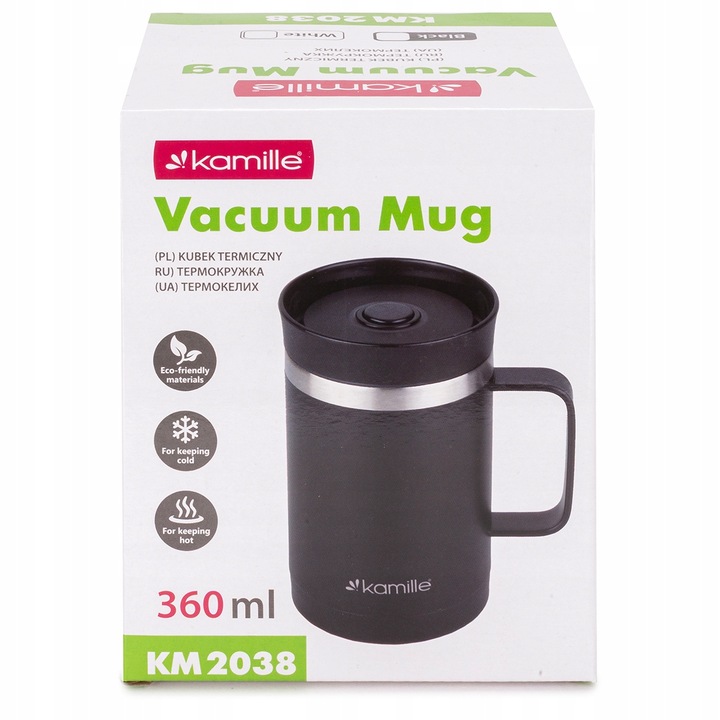 KUBEK TERMICZNY Z UCHEM TERMOS STALOWY SCZELNY pojemny bidon KAMILLE 360 ml