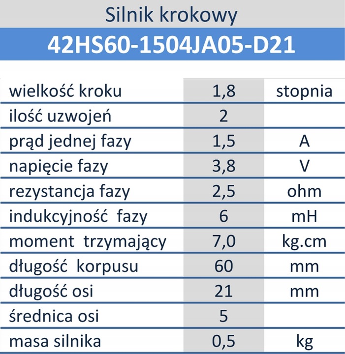 Silnik krokowy bipolarny NEMA17 1,5A 7kg.cm typ 42HS60-1504JA05-D21