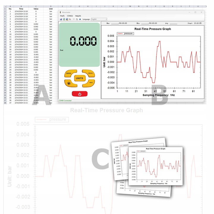 MANOMETR RÓŻNICOWY CYFROWY MIERNIK CIŚNIENIA TESTER PODCIŚNIENIA USB+ LCD
