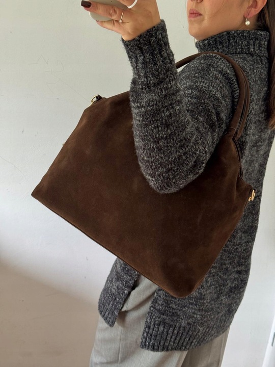 Torebka Flora&Co duża czekoladowa zamsz eco zamszowa breloczek brąz shopper