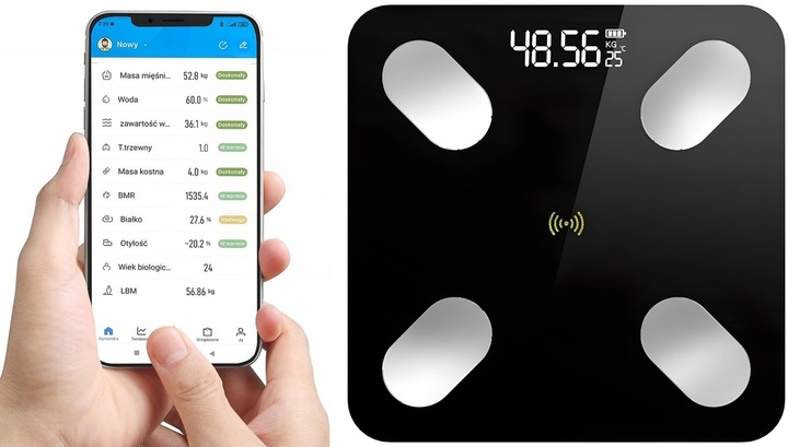 WAGA ŁAZIENKOWA ANALITYCZNA SMART APLIKACJA BLUETOTH SZKŁO + BATERIE GRATIS