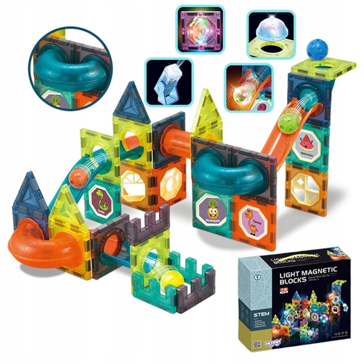 KLOCKI MAGNETYCZNE ŚWIECĄCE STEM 75 ELEMENTÓW TOR KULKOWY LED3+ MAGNA TILES