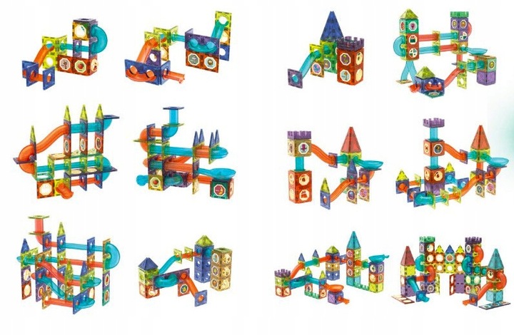 Klocki MAGNETYCZNE Konstrukcyjne 3D ZESTAW XXL TOR KULKOWY 110 elementów