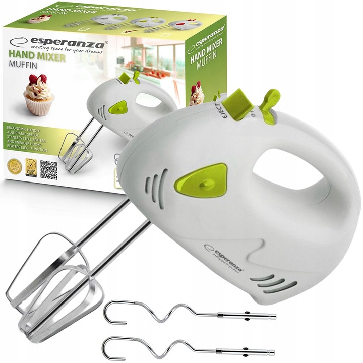 ESPERANZA MIKSER ROBOT RĘCZNY KUCHENNY MUFFIN 150W BIAŁY ZIELONY 7 BIEGÓW