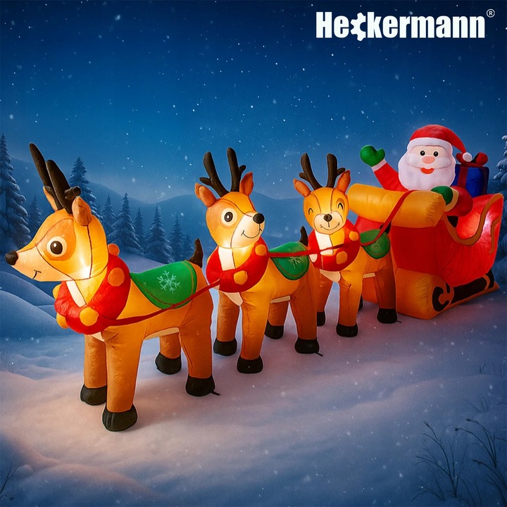 DMUCHANY MIKOŁAJ Z RENIFERAMI ŚWIĄTECZNA DEKORACJA SANIE DMUCHANIEC 310cm