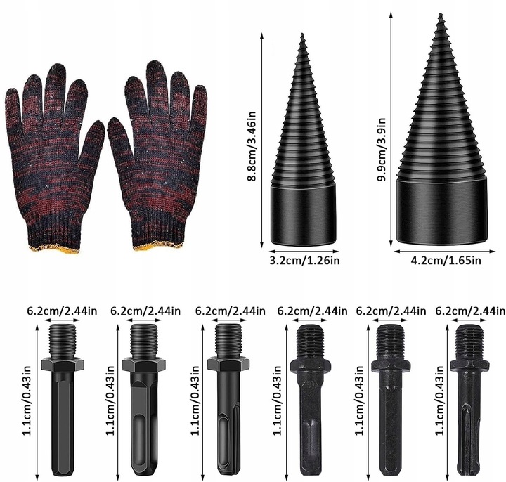 Świder do Drewna Opałowego Wiertło Stożek Łuparka 32 mm 42 mm + Rękawiczki