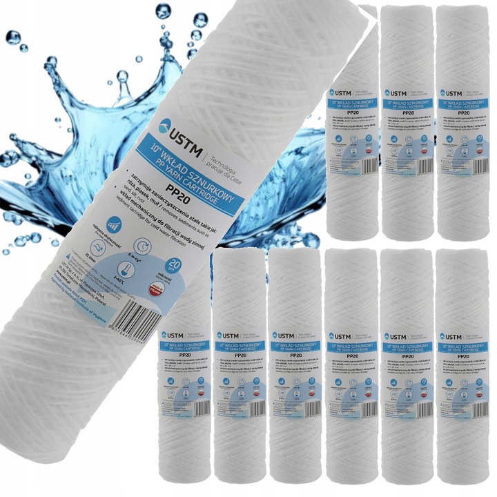 10x FILTR DO WODY WKŁAD filtrujący 10" SZNURKOWY 20 MIKRON PP20M. USTM