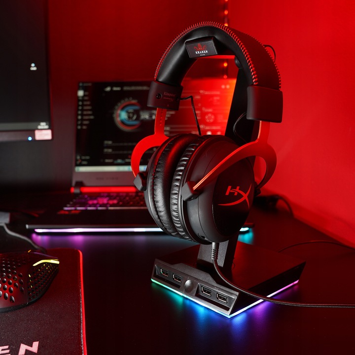 STOJAK UCHWYT NA SŁUCHAWKI LED RGB PODŚWIETLENIE HUB + 4x USB