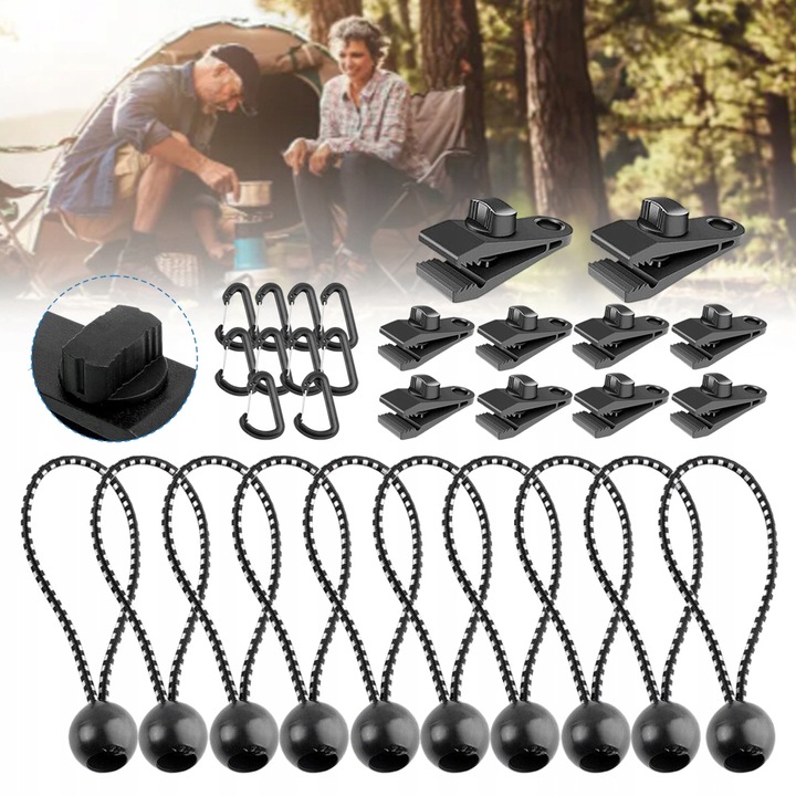 10X KLIPSÓW DO DUŻYCH OBCIĄŻEŃ Z 10 NAPINACZEM, 10 KARABIŃCZYKÓW DO MARKIZ