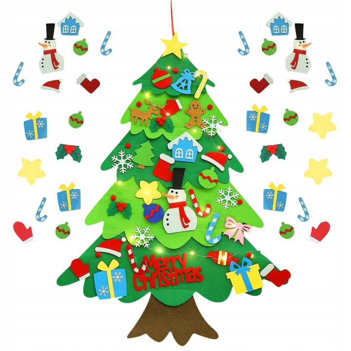 CHOINKA FILCOWA NA RZEPY Z OZDOBAMI DLA DZIECI ŚWIATEŁKA 50 LED NA ŚCIANĘ