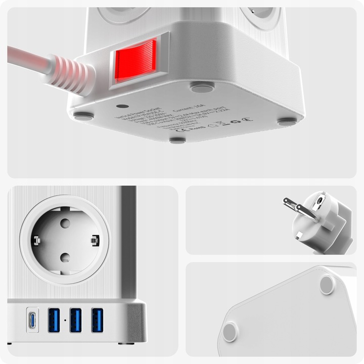Biały Listwa Zasilająca Voomy PowerCube S6 z Jednym USB-C i Trzema USB-A