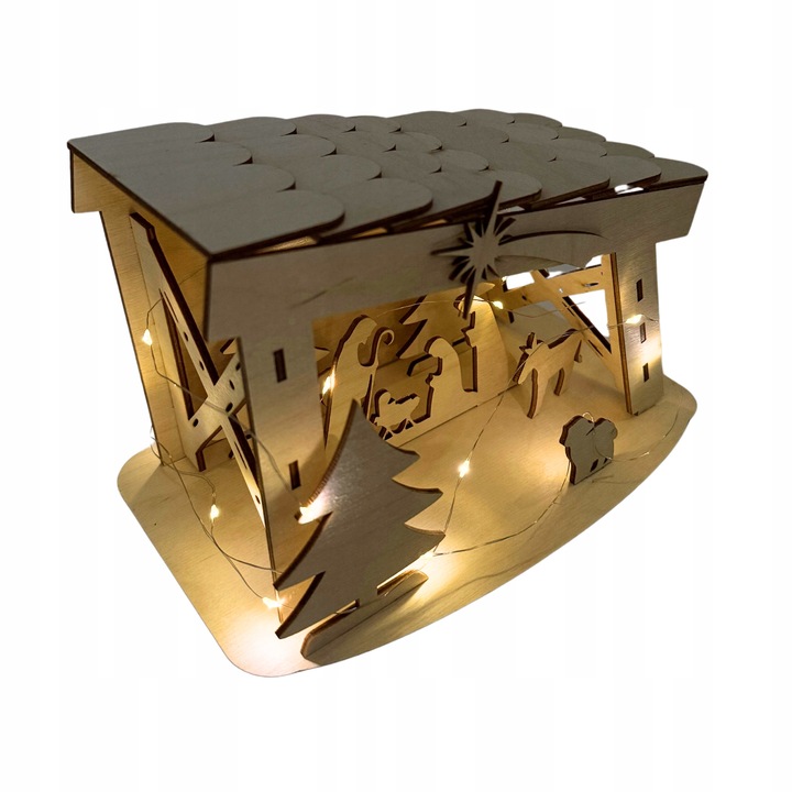 ŚWIĄTECZNA SZOPKA Z DREWNA BETLEJEM STAJENKA Z LAMPKAMI STOJĄCA OZDOBA 22CM