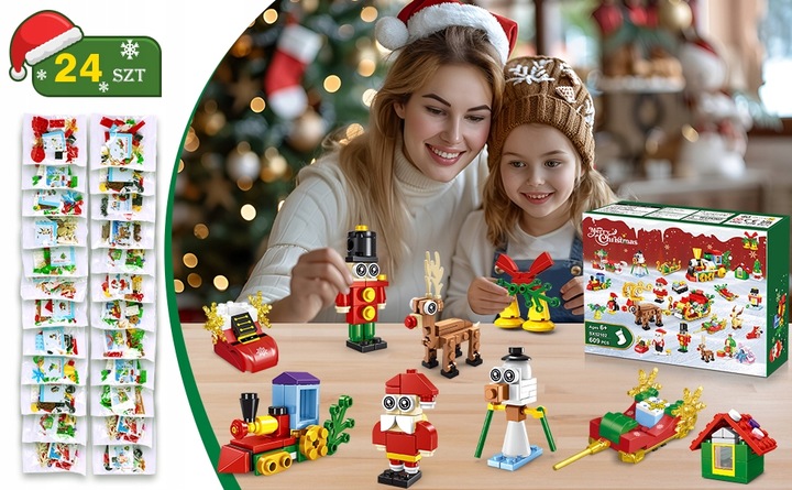 KALENDARZ ADWENTOWY DLA DZIECI KLOCKI ŚWIĄTECZNE 50w1 MIKOLAJ FIGURKA 609el