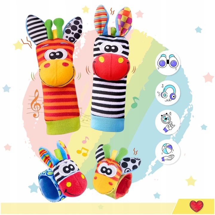 4x SKARPETKI + OPASKI 3D GRZECHOTKI SOZZY ZABAWKA SENSORYCZNA DLA NIEMOWLĄT