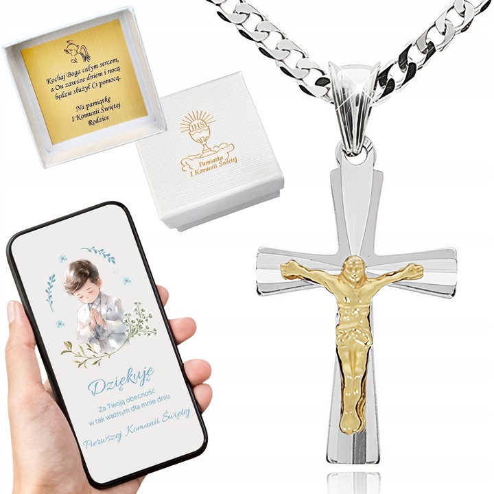 Srebrny łańcuszek i krzyżyk zestaw komunijny 45 cm srebro pozłacany prezent