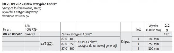 KNIPEX Zestaw szczypiec COBRA do rur klucz 00 20 09 V02 3szt