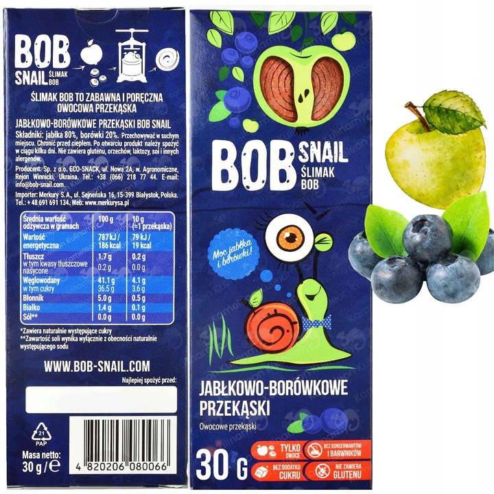 ŚLIMAK BOB SNAIL PRZEKĄSKA bez cukru glutenu 30G MIX SMAKÓW x 8szt 0,24KG