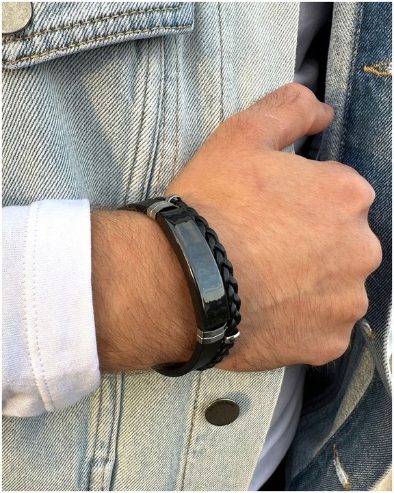 Bransoletka męska SKÓRZANA z GRAWEREM czarna STAL prezent + GRAWER GRATIS