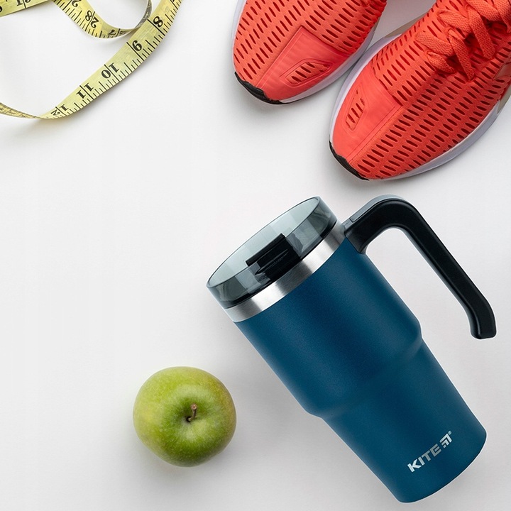 Kubek termiczny ze słomką ustnikiem z uchwytem 600 ml niebieski KITE