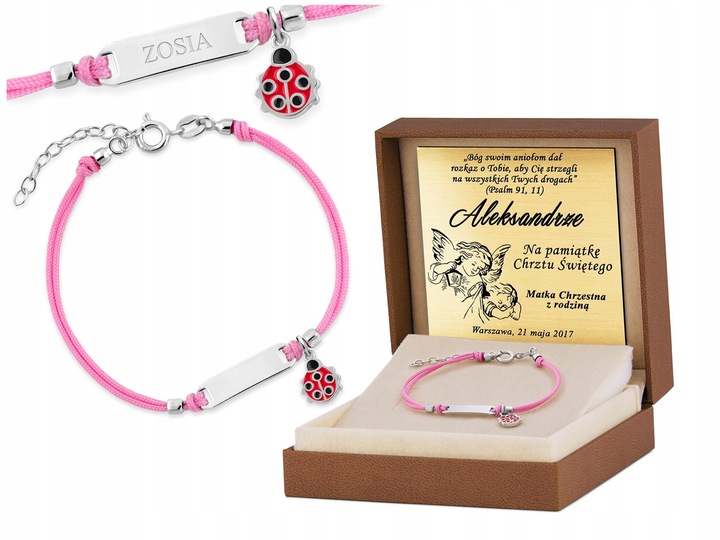 Bransoletka Srebrna 925 Biedronka z Grawerem Prezent na Chrzest dla Dziecka