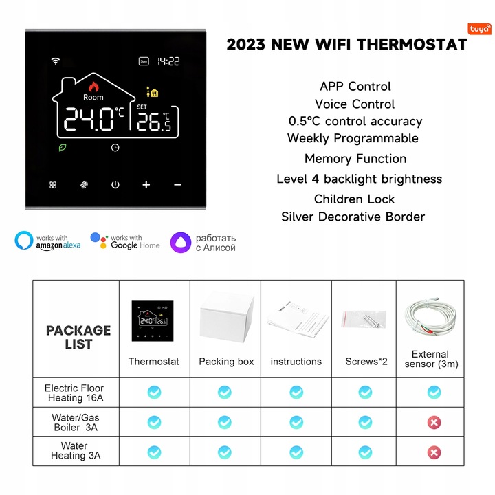 TERMOSTAT POKOJOWY WIFI TUYA CYFROWY REGULATOR 16A