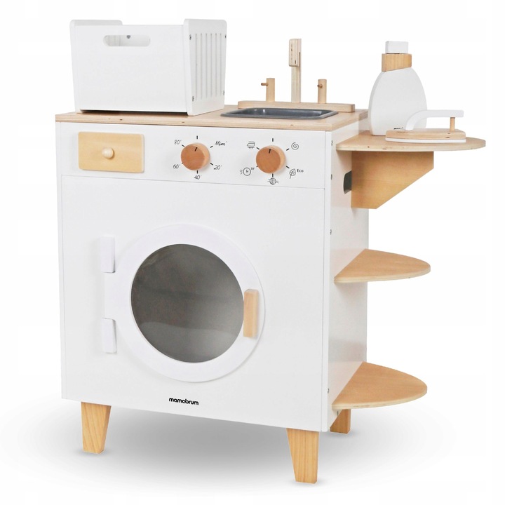 DREWNIANA PRALKA XXL - Z ŻELAZKIEM, KOSZEM, UMYWALKĄ - PRANIE MONTESSORI