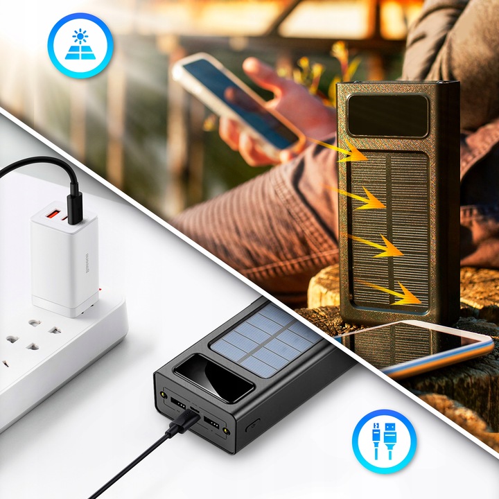 POWERBANK SOLARNY 20000 MAH KABEL ŁADOWANIE