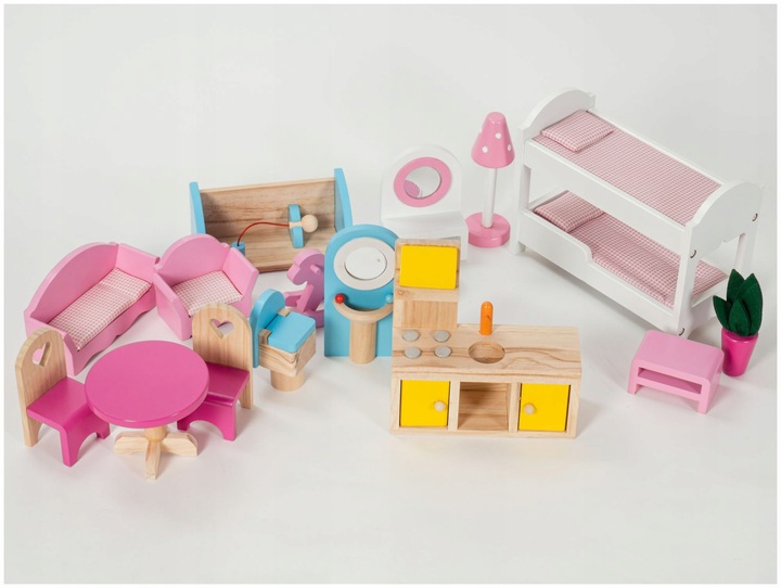 Domek dla Lalek Drewniany Duży Oświetlenie LED Mebelki 3 Poziomy - XL 90cm