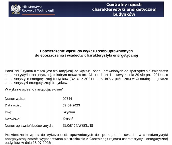 Świadectwo Energetyczne / Certyfikat Energetyczny MIESZKANIA