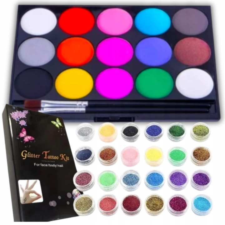 ZESTAW FARB I TATUAŻY ZESTAW DO MALOWANIA TWARZY BROKATOWE ZMYWALNE