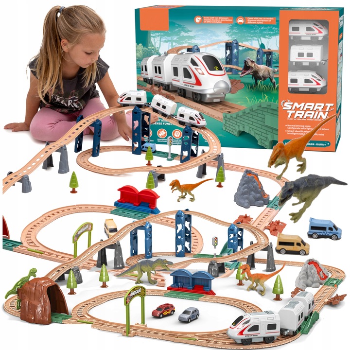 Interaktywna KOLEJKA elektryczna DŹWIĘKI pociąg wagony zwrotnice dinozaury