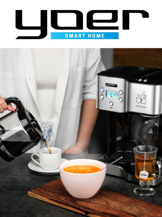 Ekspres przelewowy kawy 2w1 Yoer 1900W +Dystrybutor wody na herbatę +Timer