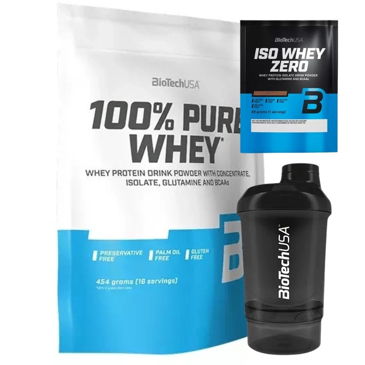 BIOTECH 100% PURE WHEY 454g BIAŁKO IZOLAT + PRÓBKA ISO WHEY ZERO + SHAKER