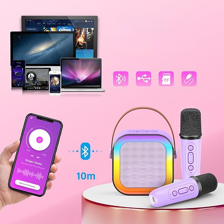 PRZENOŚNY ZESTAW DO KARAOKE LED IDEALNY PREZENT Z 2SZT MIKROFON