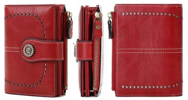 PORTFEL DAMSKI ELEGANCKI MAŁY POJEMNY NA KARTY RFID Z PASKIEM CZERWONY