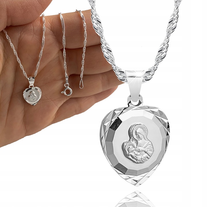 Medalik srebrny 925 Matka Boska Maryja serce z łańcuszkiem 45cm do Komunii